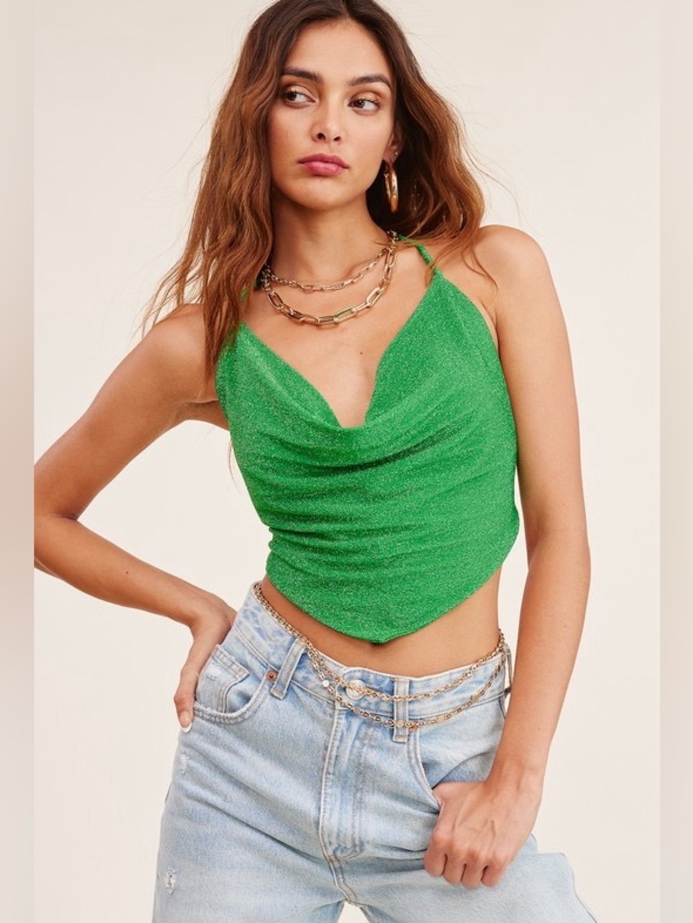Shimmering Green Halter Cowl Neck Camisole